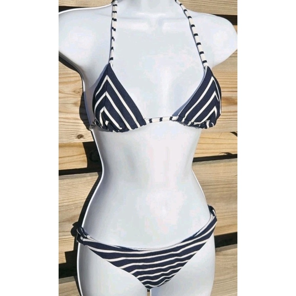 Beach Bunny Navy White Ribbed Sexy Bikini Top Xsmall Bottom Medium